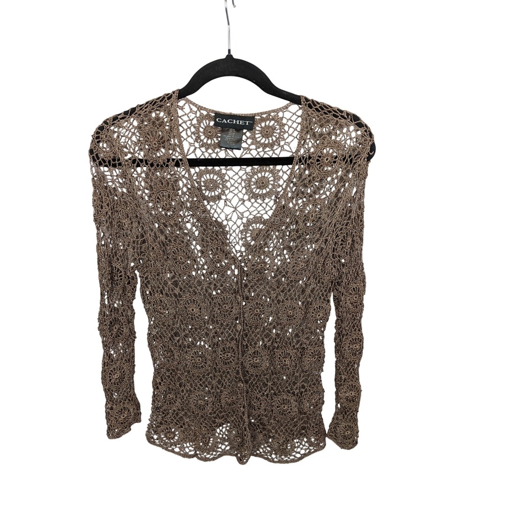 Cachet Womens Bronze Beaded Crochet Cardigan V-Neck Button Front Size 10